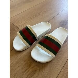 Gucci Slide Sandals White Rubber Green Red Web Stripe Women's Size 7.5/Men's 6